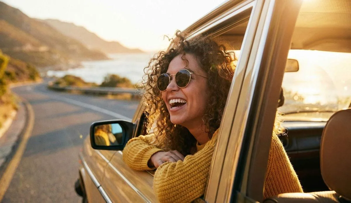 Nasmejana žena sa naočarima za sunce gleda kroz prozor automobila na primorskom putu