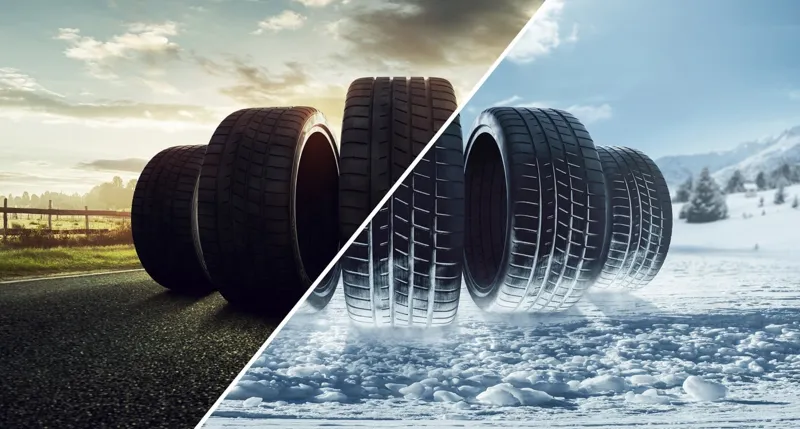 Summer and winter tyres on a dry road and on snow